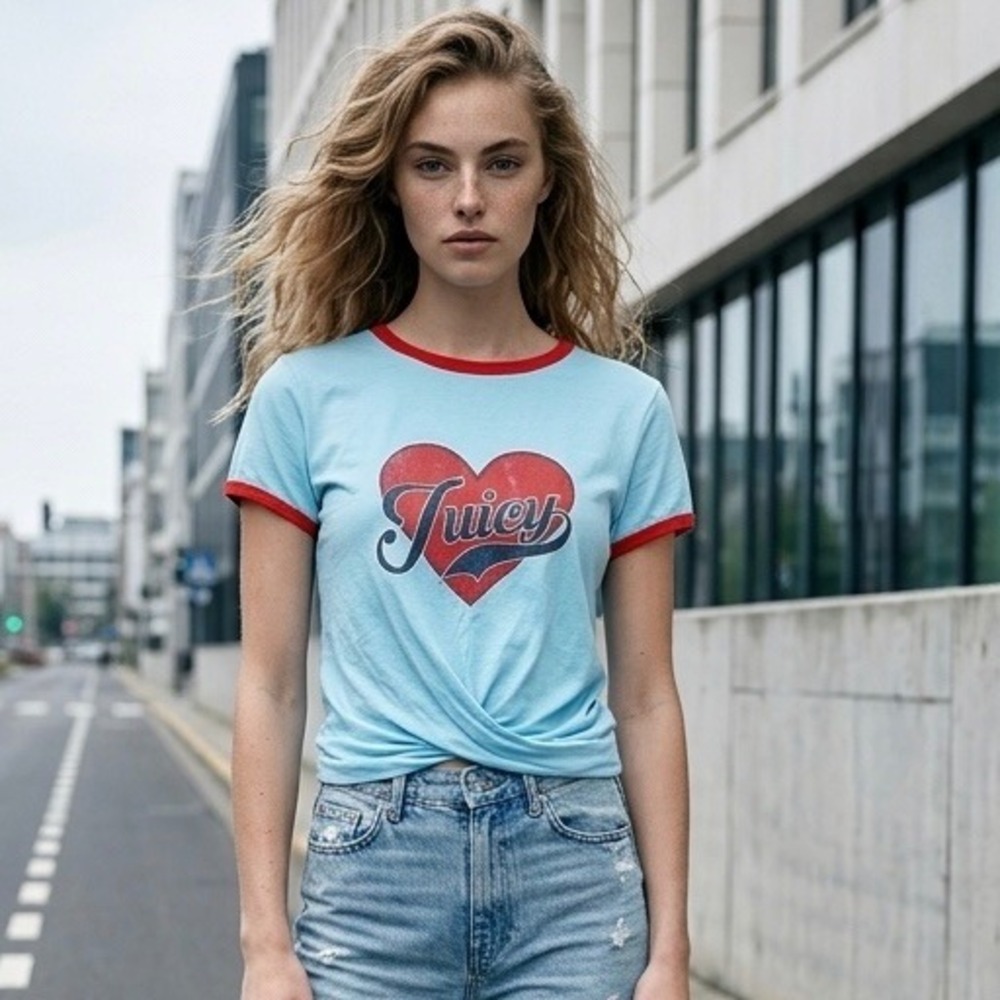 Juicy Couture Black Label Blue Red Heart Graphic Ringer Twist Tee JWTKT212302 M